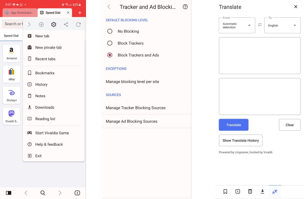 Vivaldi: speed dial, tracker and ad blocking, and translation features
