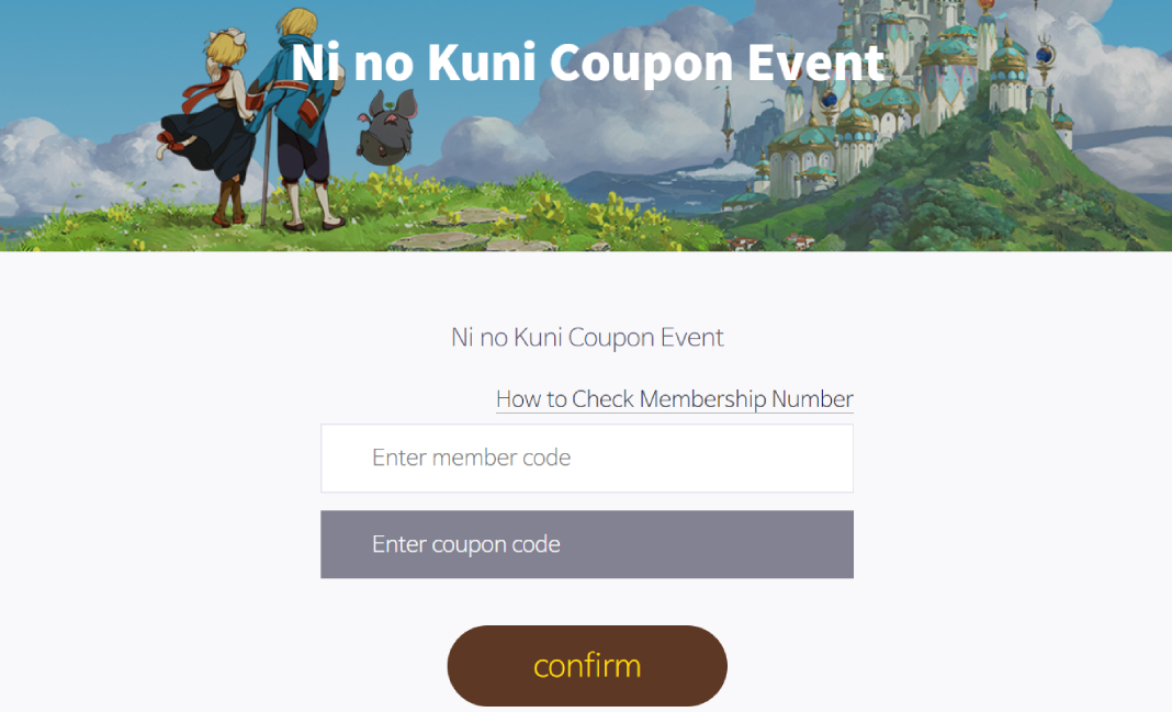 Site to enter the member and coupon codes for Ni No Kuni: Cross Worlds