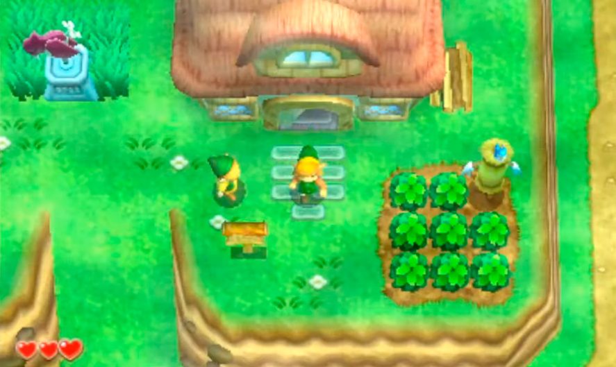 The Legend of Zelda in-game screenshot showing two characters in the vegetable patch of a house.