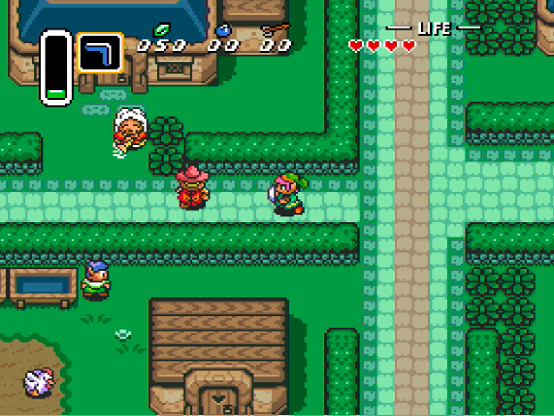 The Legend of Zelda in-game screenshot showing four characters in a setting surrounded by gardens .