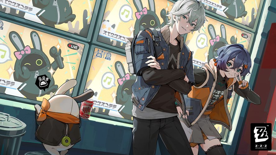 Zenless Zone Zero: promo image showing two characters, a boy and a girl, with their backs against a store window and a bunny-like creature next to them.