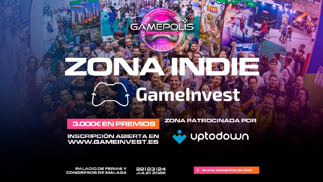 Gamepolis 2022: Indie Zone and GameInves promotional pic, showing also the prizes value and Uptodown's sponsorship